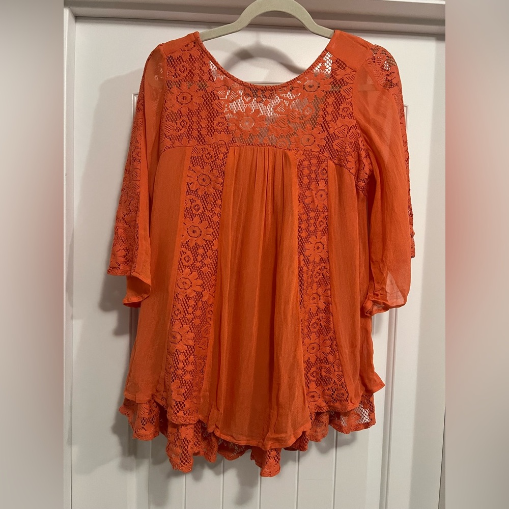 Cost Plus World Market Orange Lace Boho Tunic Top S/M Crochet Sheer Festival - Picture 2 of 10